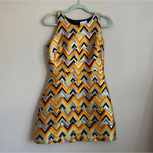 Milly Mini Dress with Yellow, Orange, Blue, & Gold Chevron Print | Size 6 - Picture 1 of 3